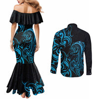 Blue Aotearoa Horse Racing Couples Matching Mermaid Dress and Long Sleeve Button Shirt NZ Maori Pattern LT14 - Polynesian Pride