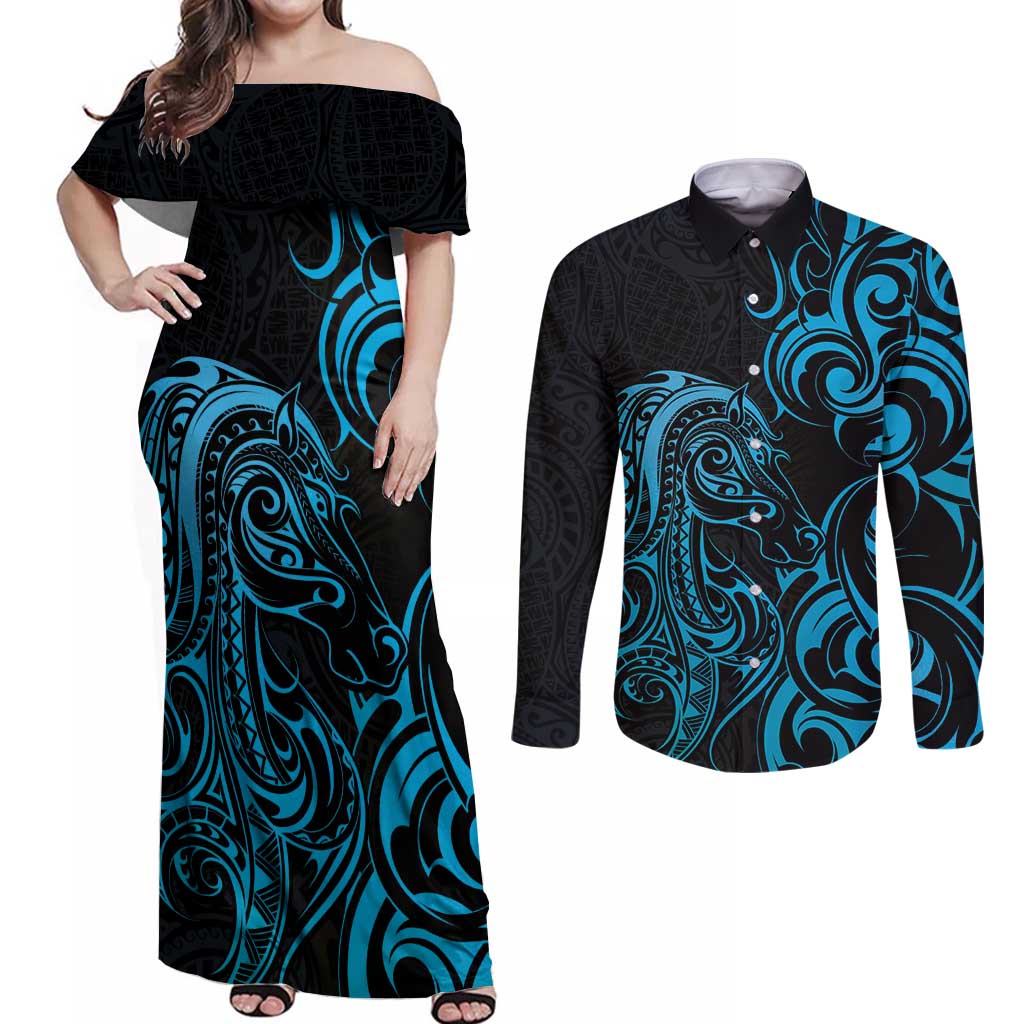 Blue Aotearoa Horse Racing Couples Matching Off Shoulder Maxi Dress and Long Sleeve Button Shirt NZ Maori Pattern LT14 Blue - Polynesian Pride
