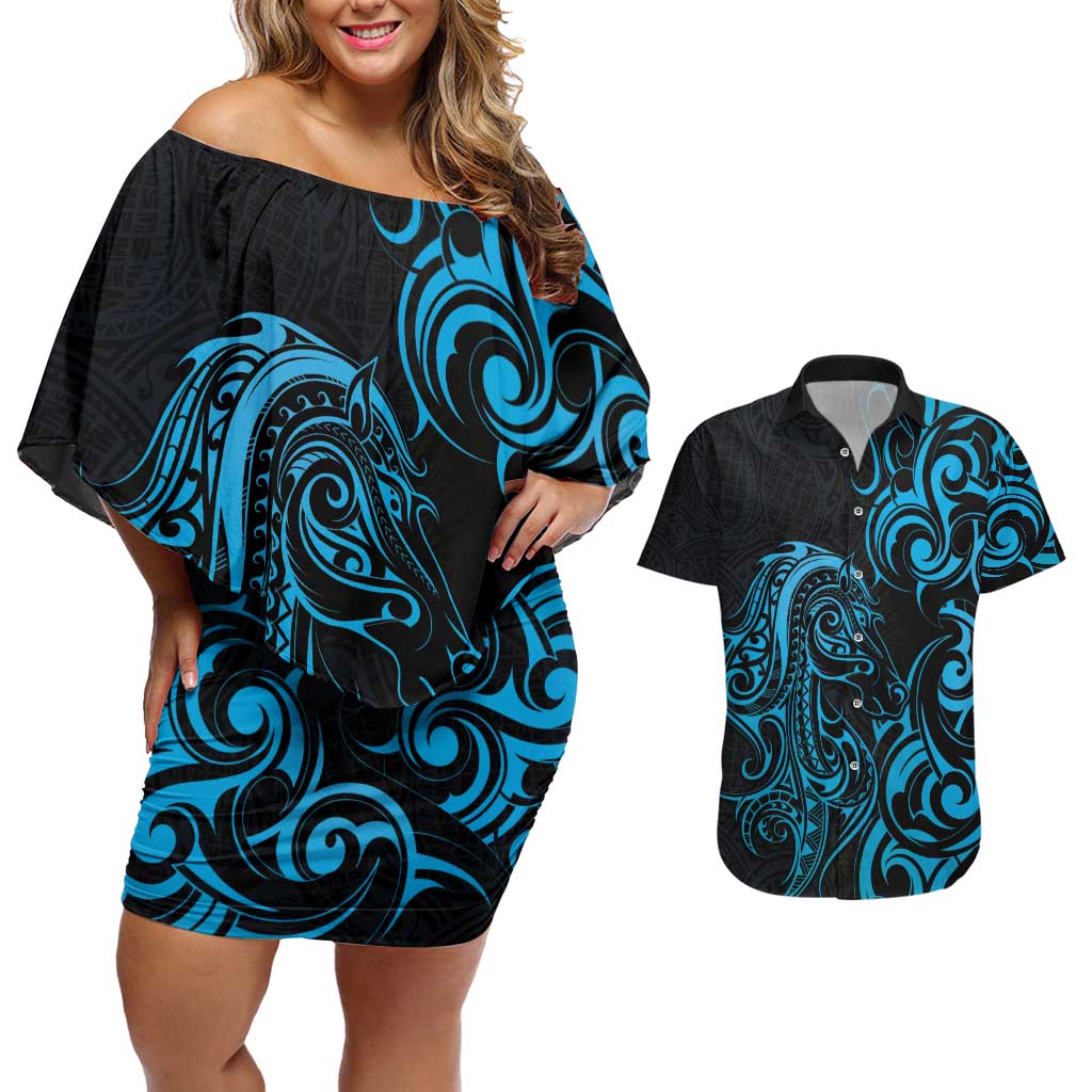 Blue Aotearoa Horse Racing Couples Matching Off Shoulder Short Dress and Hawaiian Shirt NZ Maori Pattern LT14 Blue - Polynesian Pride