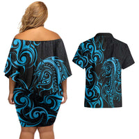 Blue Aotearoa Horse Racing Couples Matching Off Shoulder Short Dress and Hawaiian Shirt NZ Maori Pattern LT14 - Polynesian Pride