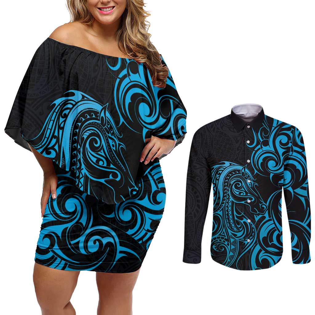 Blue Aotearoa Horse Racing Couples Matching Off Shoulder Short Dress and Long Sleeve Button Shirt NZ Maori Pattern LT14 Blue - Polynesian Pride