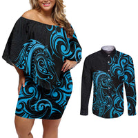 Blue Aotearoa Horse Racing Couples Matching Off Shoulder Short Dress and Long Sleeve Button Shirt NZ Maori Pattern LT14 Blue - Polynesian Pride