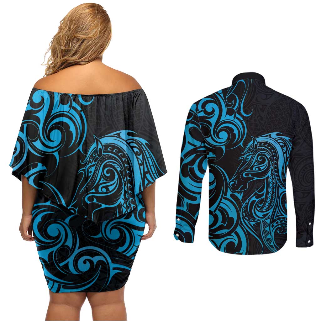 Blue Aotearoa Horse Racing Couples Matching Off Shoulder Short Dress and Long Sleeve Button Shirt NZ Maori Pattern LT14 - Polynesian Pride