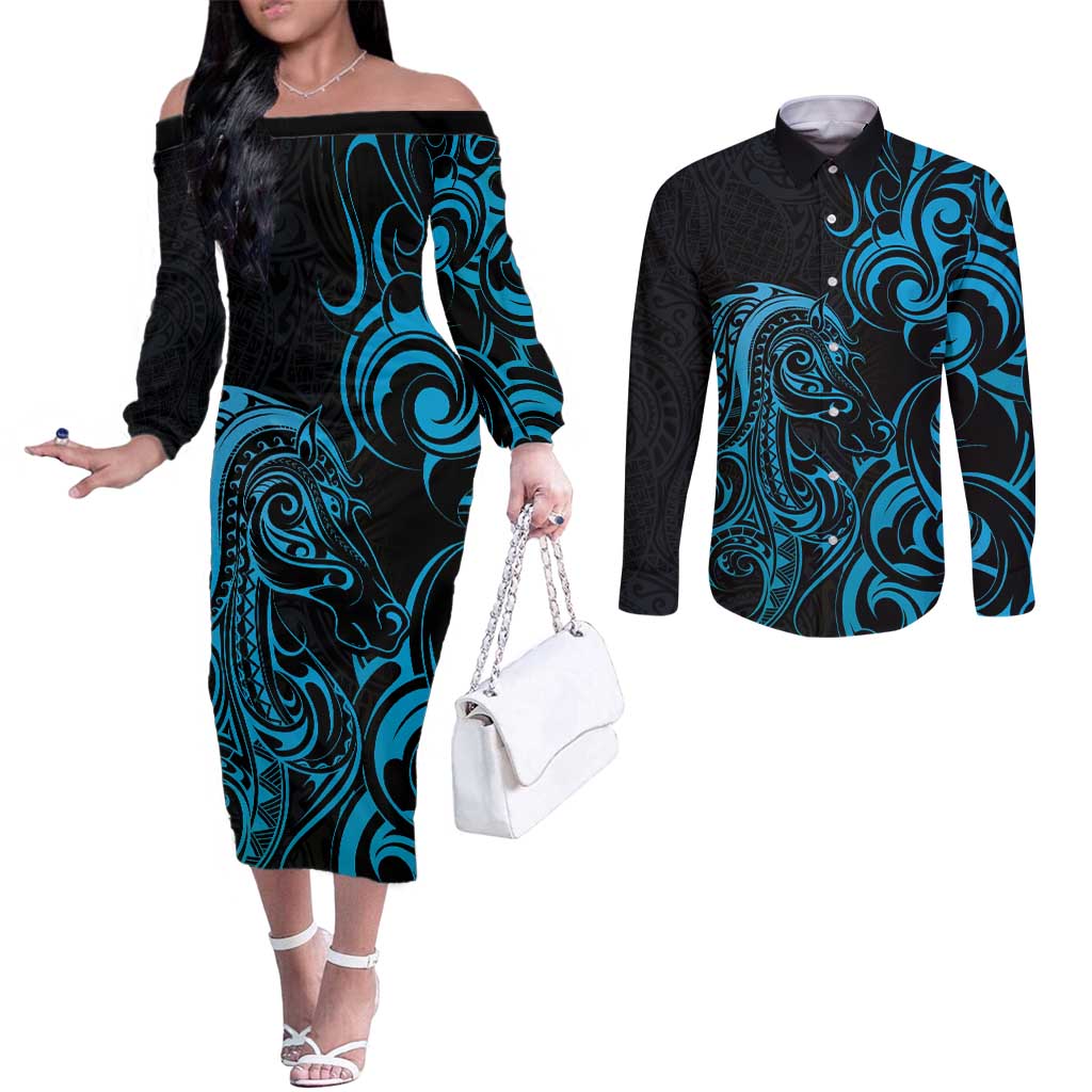 Blue Aotearoa Horse Racing Couples Matching Off The Shoulder Long Sleeve Dress and Long Sleeve Button Shirt NZ Maori Pattern LT14 Blue - Polynesian Pride