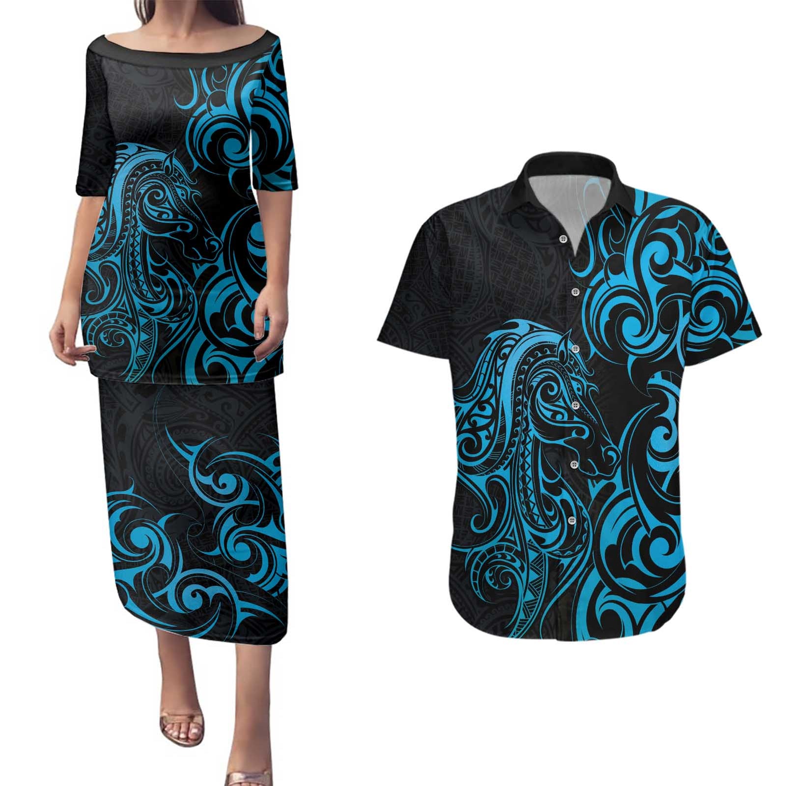 Blue Aotearoa Horse Racing Couples Matching Puletasi and Hawaiian Shirt NZ Maori Pattern LT14 Blue - Polynesian Pride