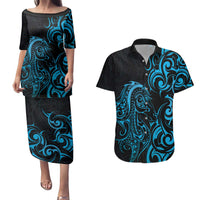 Blue Aotearoa Horse Racing Couples Matching Puletasi and Hawaiian Shirt NZ Maori Pattern LT14 Blue - Polynesian Pride