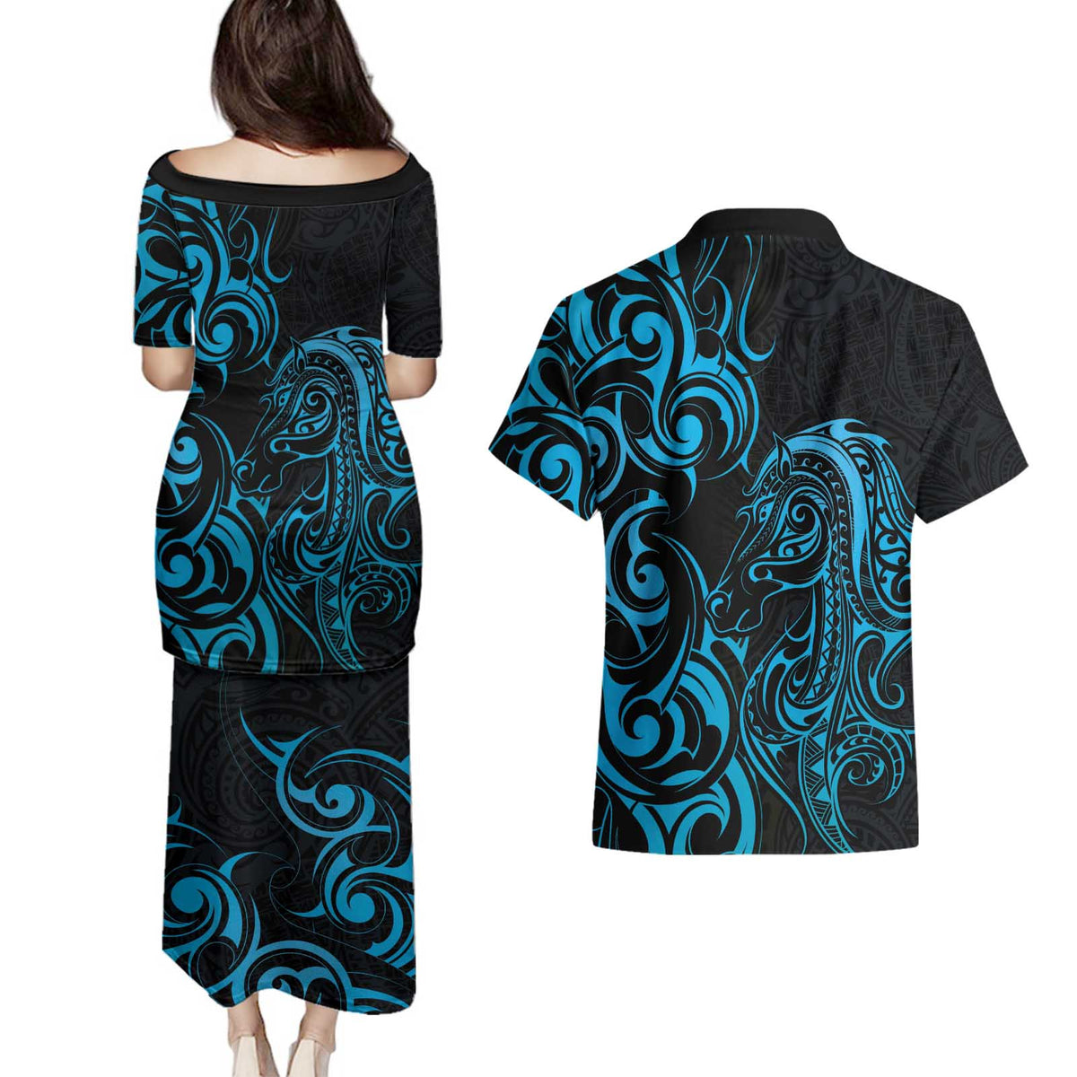 Blue Aotearoa Horse Racing Couples Matching Puletasi and Hawaiian Shirt NZ Maori Pattern LT14 - Polynesian Pride