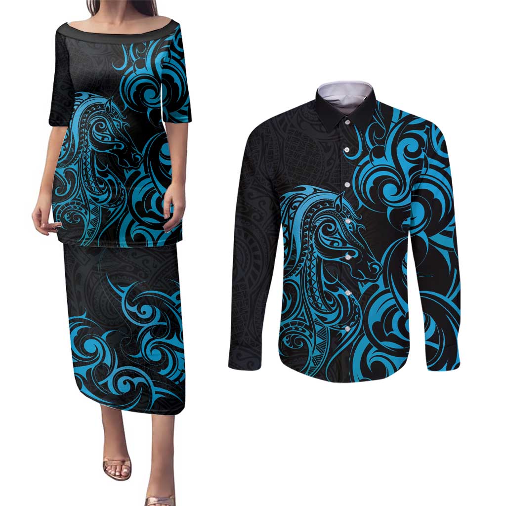 Blue Aotearoa Horse Racing Couples Matching Puletasi and Long Sleeve Button Shirt NZ Maori Pattern LT14 Blue - Polynesian Pride