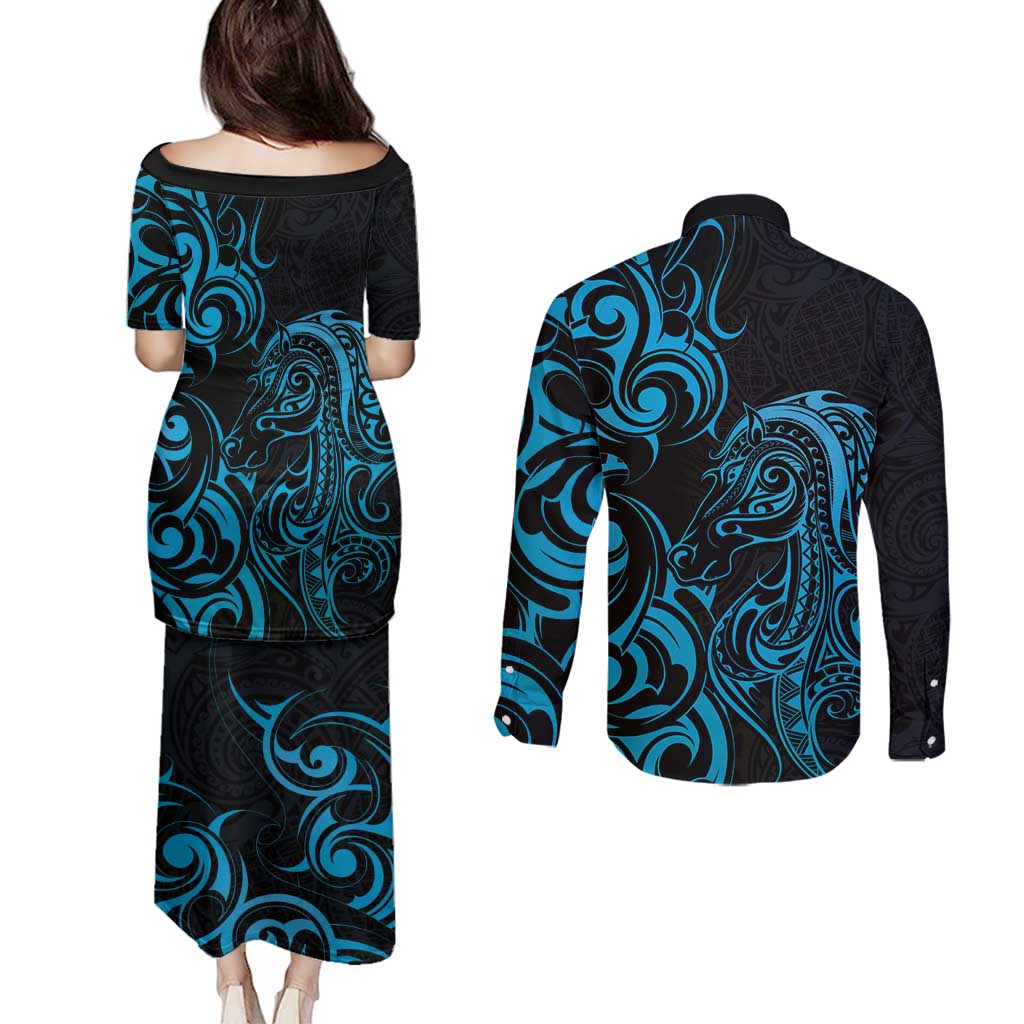 Blue Aotearoa Horse Racing Couples Matching Puletasi and Long Sleeve Button Shirt NZ Maori Pattern LT14 - Polynesian Pride