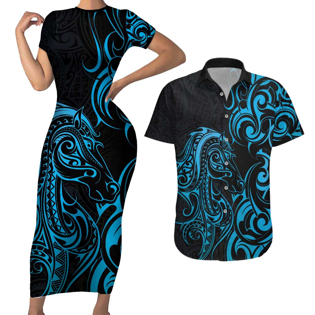 Blue Aotearoa Horse Racing Couples Matching Short Sleeve Bodycon Dress and Hawaiian Shirt NZ Maori Pattern LT14 Blue - Polynesian Pride