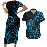 Blue Aotearoa Horse Racing Couples Matching Short Sleeve Bodycon Dress and Hawaiian Shirt NZ Maori Pattern LT14 Blue - Polynesian Pride