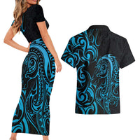 Blue Aotearoa Horse Racing Couples Matching Short Sleeve Bodycon Dress and Hawaiian Shirt NZ Maori Pattern LT14 - Polynesian Pride