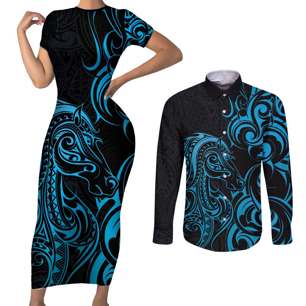 Blue Aotearoa Horse Racing Couples Matching Short Sleeve Bodycon Dress and Long Sleeve Button Shirt NZ Maori Pattern LT14 Blue - Polynesian Pride
