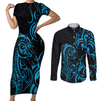 Blue Aotearoa Horse Racing Couples Matching Short Sleeve Bodycon Dress and Long Sleeve Button Shirt NZ Maori Pattern LT14 Blue - Polynesian Pride