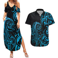 Blue Aotearoa Horse Racing Couples Matching Summer Maxi Dress and Hawaiian Shirt NZ Maori Pattern LT14 Blue - Polynesian Pride
