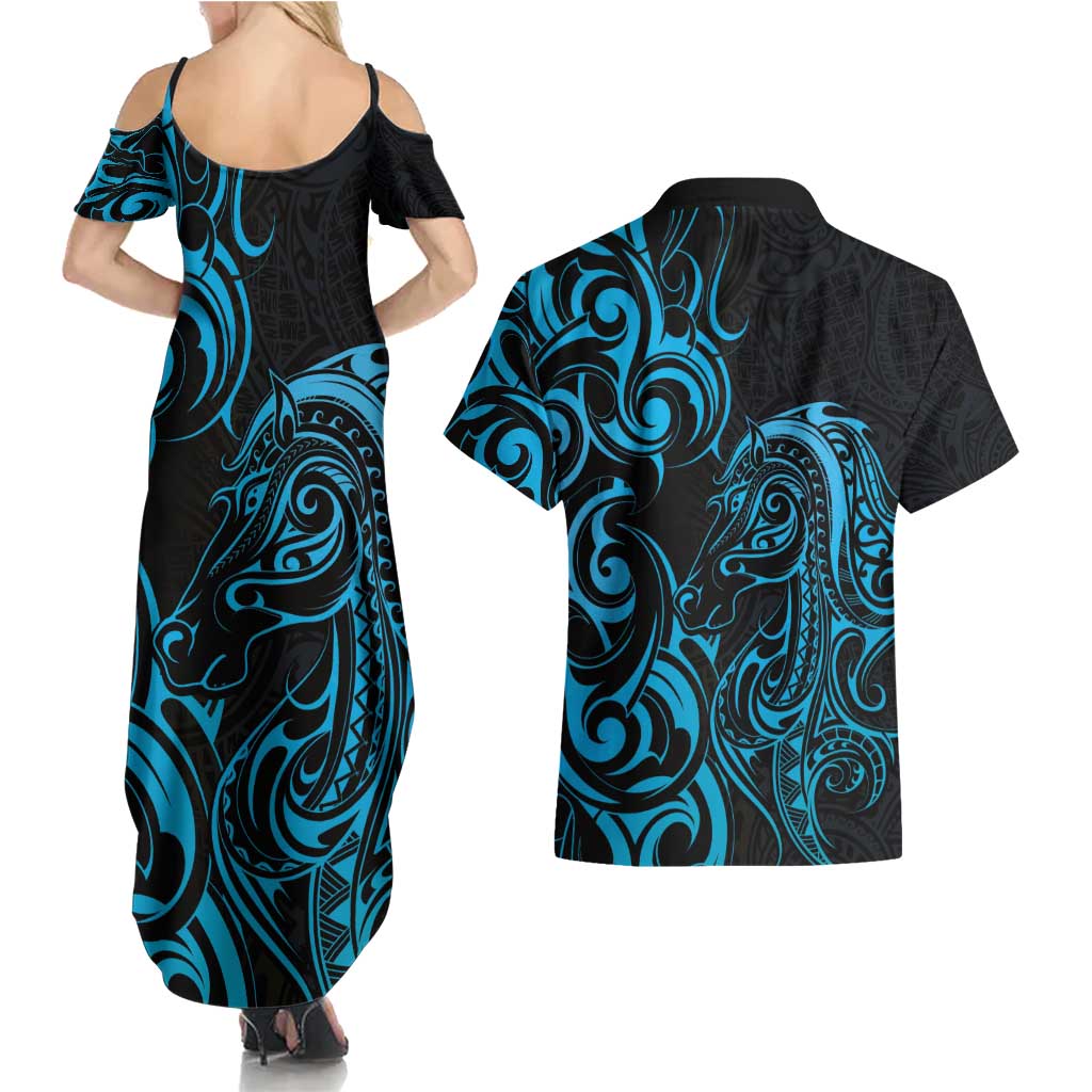 Blue Aotearoa Horse Racing Couples Matching Summer Maxi Dress and Hawaiian Shirt NZ Maori Pattern LT14 - Polynesian Pride