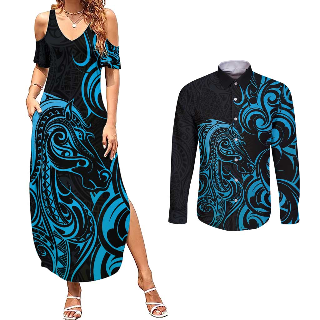 Blue Aotearoa Horse Racing Couples Matching Summer Maxi Dress and Long Sleeve Button Shirt NZ Maori Pattern LT14 Blue - Polynesian Pride