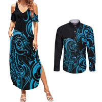 Blue Aotearoa Horse Racing Couples Matching Summer Maxi Dress and Long Sleeve Button Shirt NZ Maori Pattern LT14 Blue - Polynesian Pride