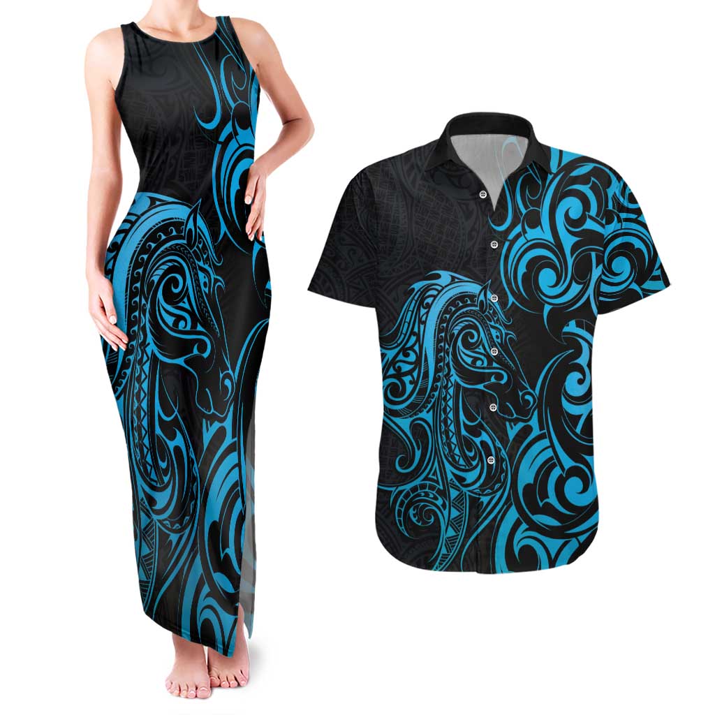 Blue Aotearoa Horse Racing Couples Matching Tank Maxi Dress and Hawaiian Shirt NZ Maori Pattern LT14 Blue - Polynesian Pride