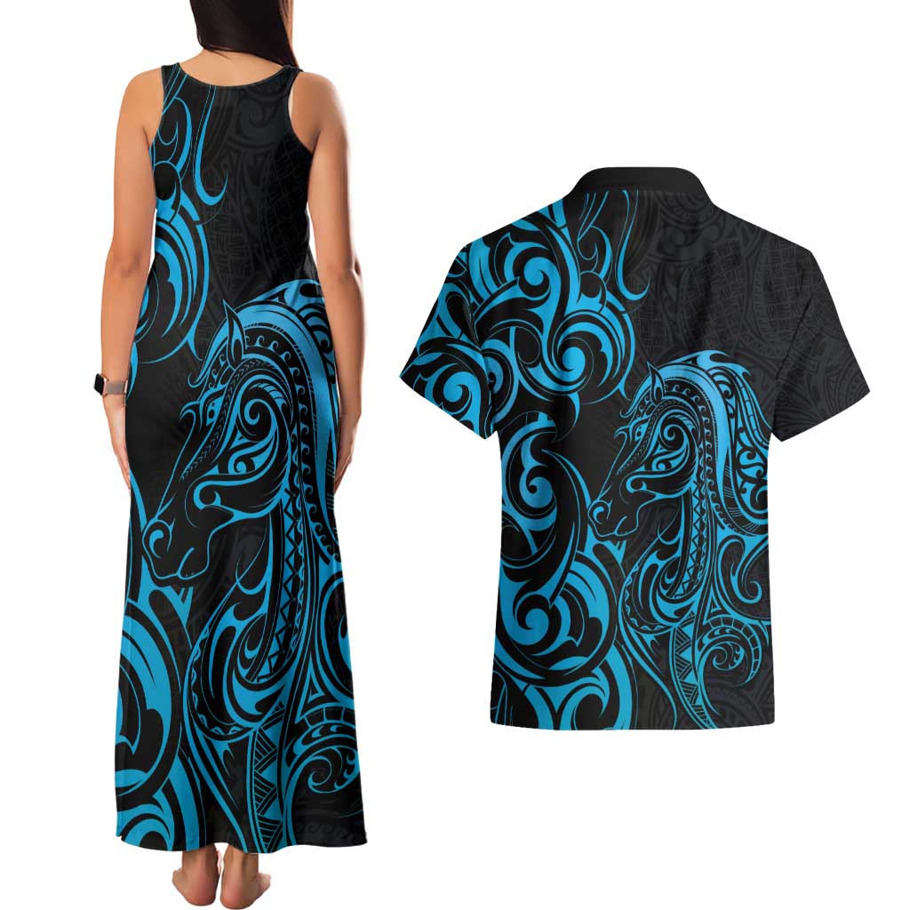Blue Aotearoa Horse Racing Couples Matching Tank Maxi Dress and Hawaiian Shirt NZ Maori Pattern LT14 - Polynesian Pride