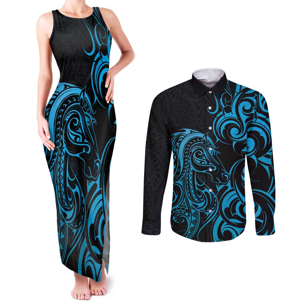 Blue Aotearoa Horse Racing Couples Matching Tank Maxi Dress and Long Sleeve Button Shirt NZ Maori Pattern LT14 Blue - Polynesian Pride