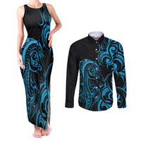 Blue Aotearoa Horse Racing Couples Matching Tank Maxi Dress and Long Sleeve Button Shirt NZ Maori Pattern LT14 Blue - Polynesian Pride