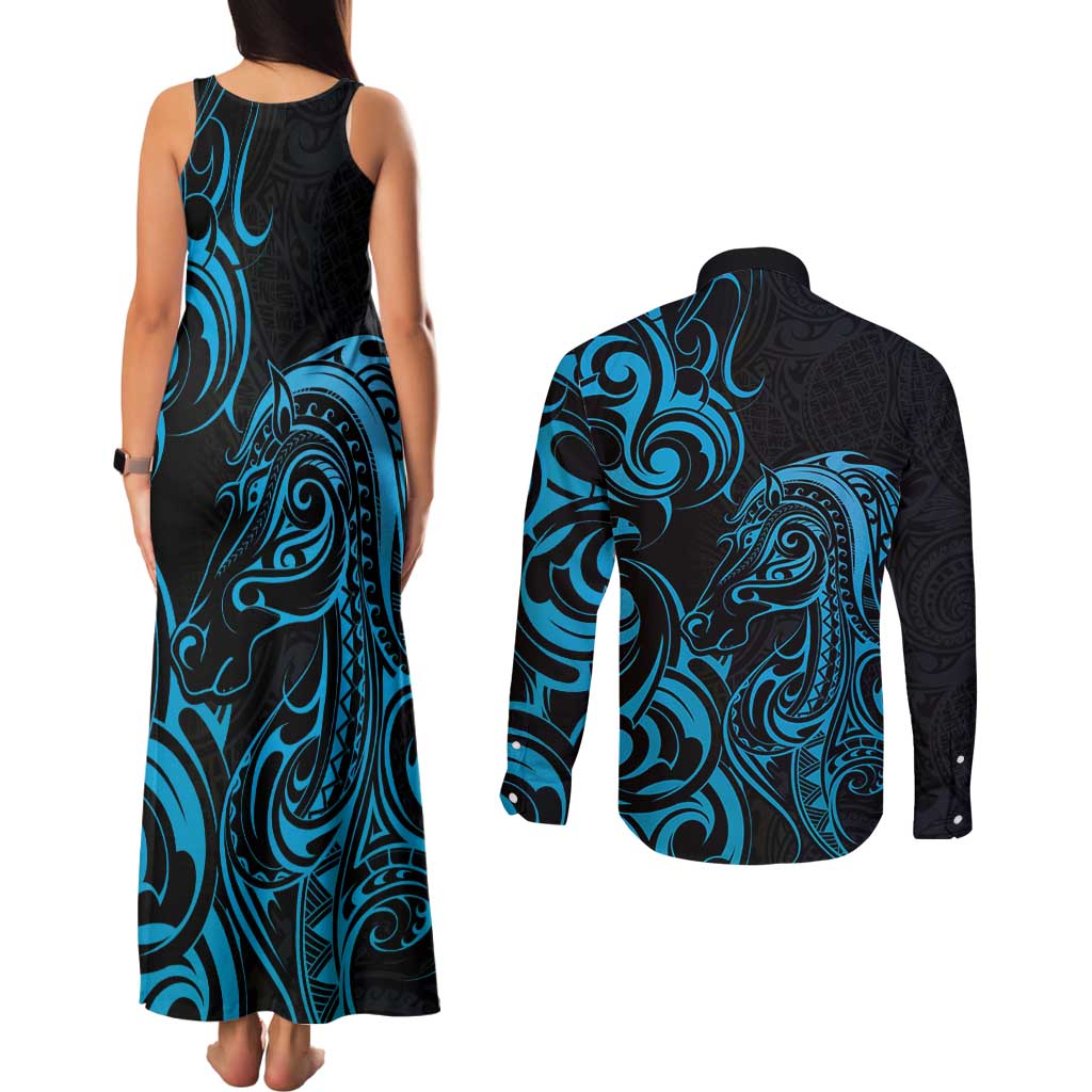 Blue Aotearoa Horse Racing Couples Matching Tank Maxi Dress and Long Sleeve Button Shirt NZ Maori Pattern LT14 - Polynesian Pride