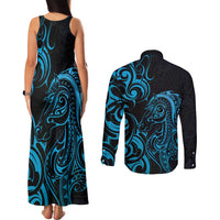 Blue Aotearoa Horse Racing Couples Matching Tank Maxi Dress and Long Sleeve Button Shirt NZ Maori Pattern LT14 - Polynesian Pride