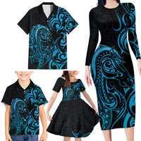 Blue Aoteara Horse Racing Family Matching Long Sleeve Bodycon Dress and Hawaiian Shirt NZ Maori Pattern
