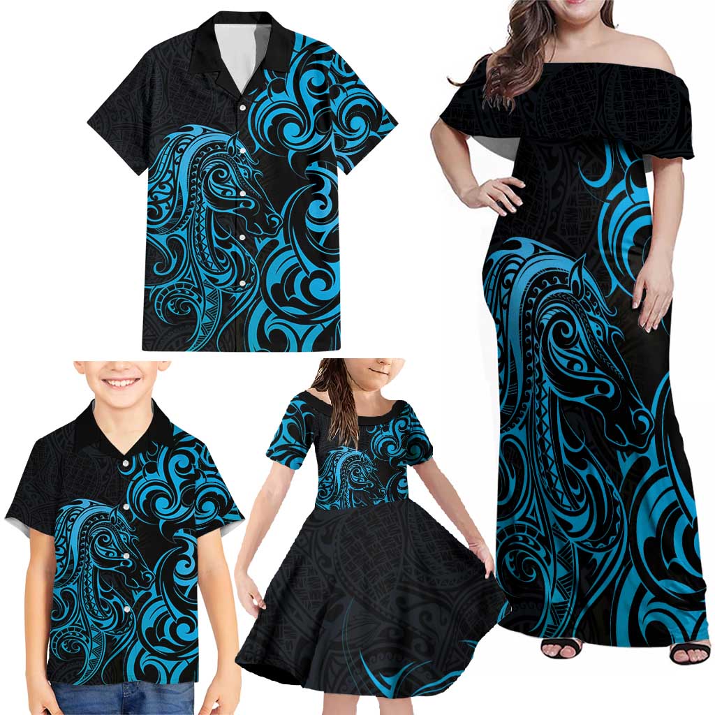 Blue Aoteara Horse Racing Family Matching Off Shoulder Maxi Dress and Hawaiian Shirt NZ Maori Pattern