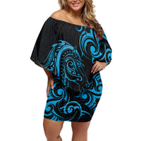 Blue Aoteara Horse Racing Family Matching Off Shoulder Short Dress and Hawaiian Shirt NZ Maori Pattern