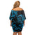 Blue Aoteara Horse Racing Family Matching Off Shoulder Short Dress and Hawaiian Shirt NZ Maori Pattern