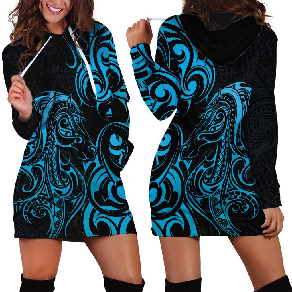 Blue Aotearoa Horse Racing Hoodie Dress NZ Maori Pattern LT14 - Polynesian Pride