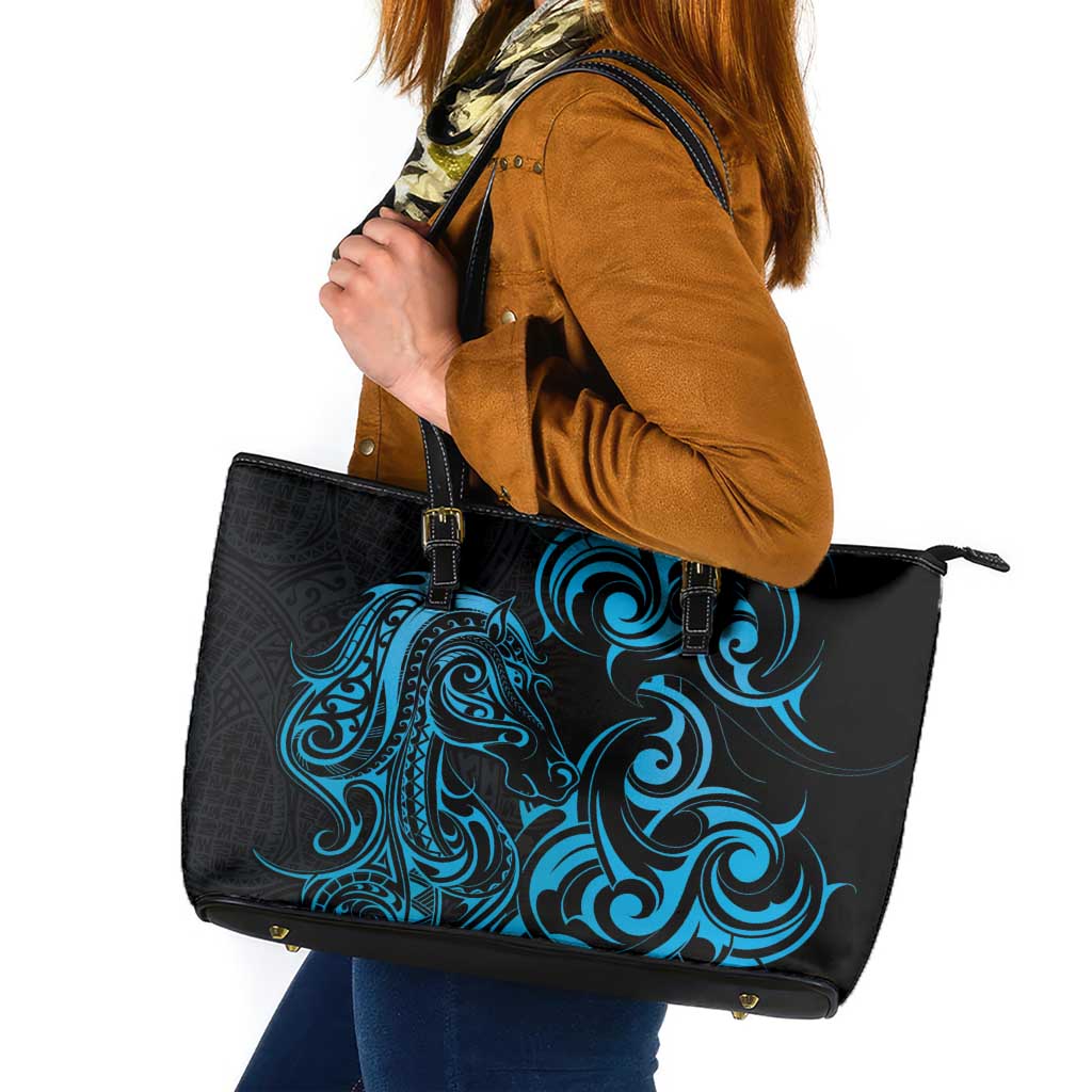 Blue Aotearoa Horse Racing Leather Tote Bag NZ Maori Pattern LT14 Blue - Polynesian Pride