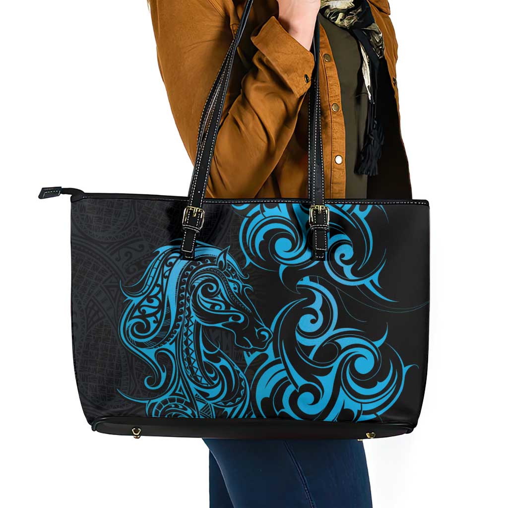 Blue Aotearoa Horse Racing Leather Tote Bag NZ Maori Pattern LT14 - Polynesian Pride