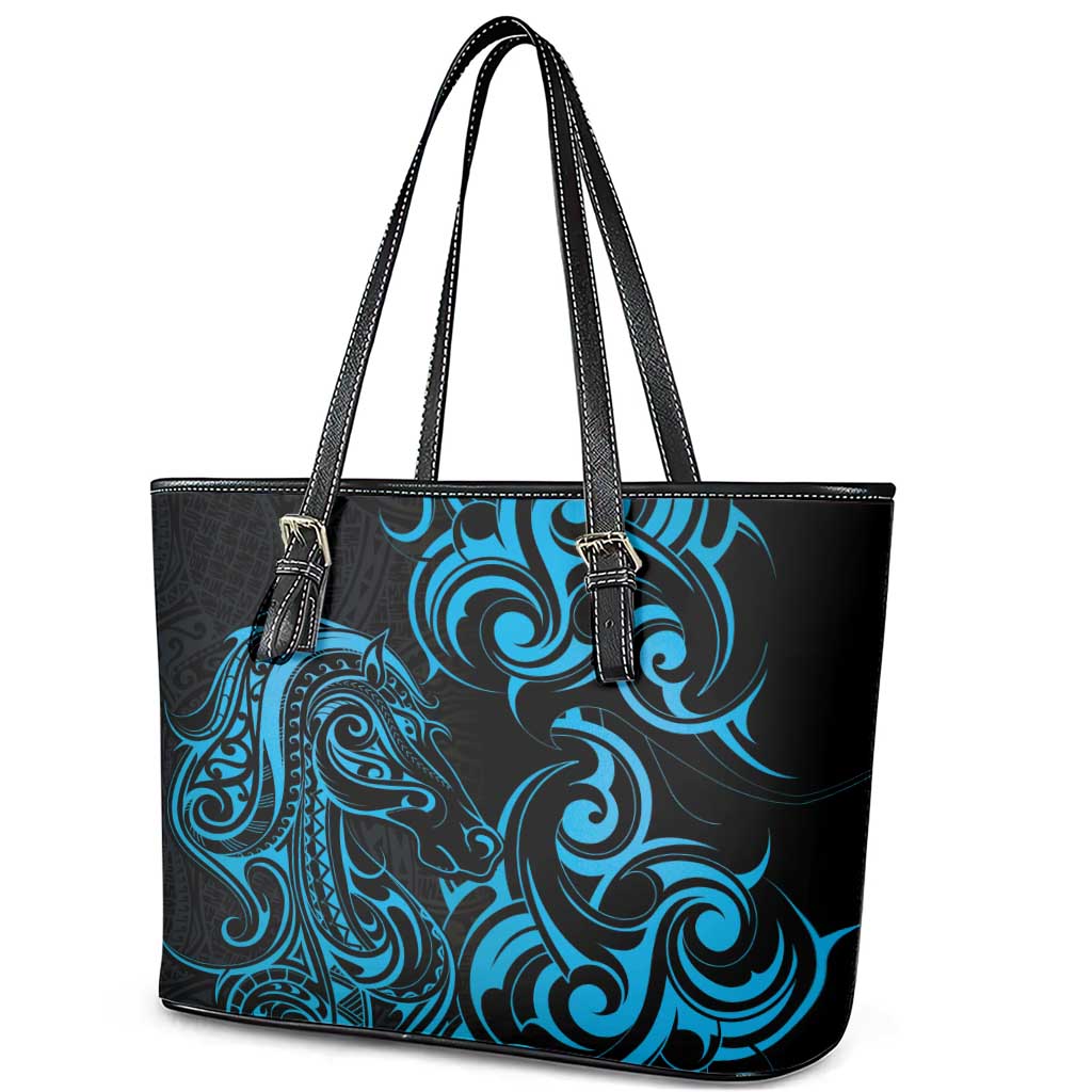 Blue Aotearoa Horse Racing Leather Tote Bag NZ Maori Pattern LT14 - Polynesian Pride