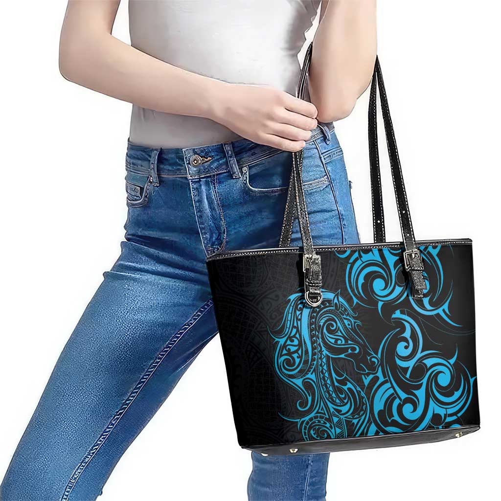 Blue Aotearoa Horse Racing Leather Tote Bag NZ Maori Pattern LT14 - Polynesian Pride
