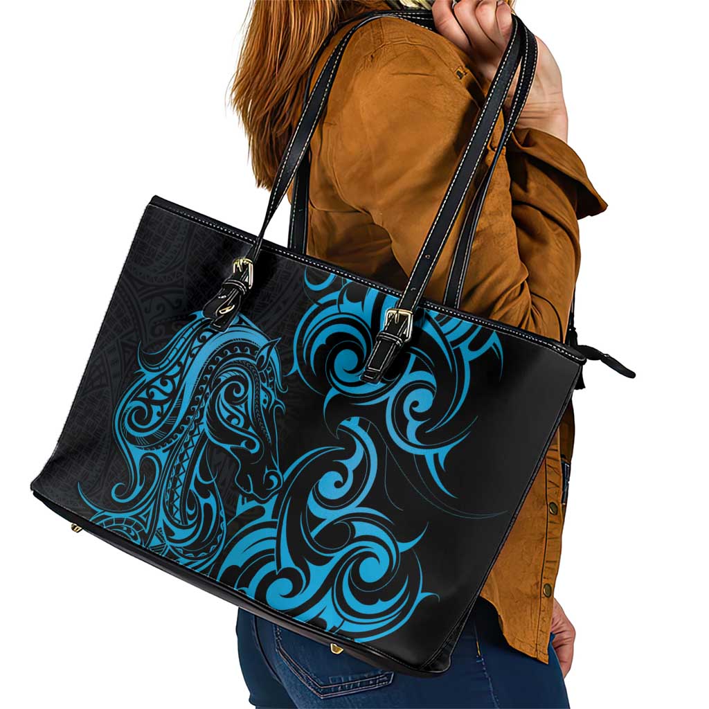 Blue Aotearoa Horse Racing Leather Tote Bag NZ Maori Pattern LT14 - Polynesian Pride