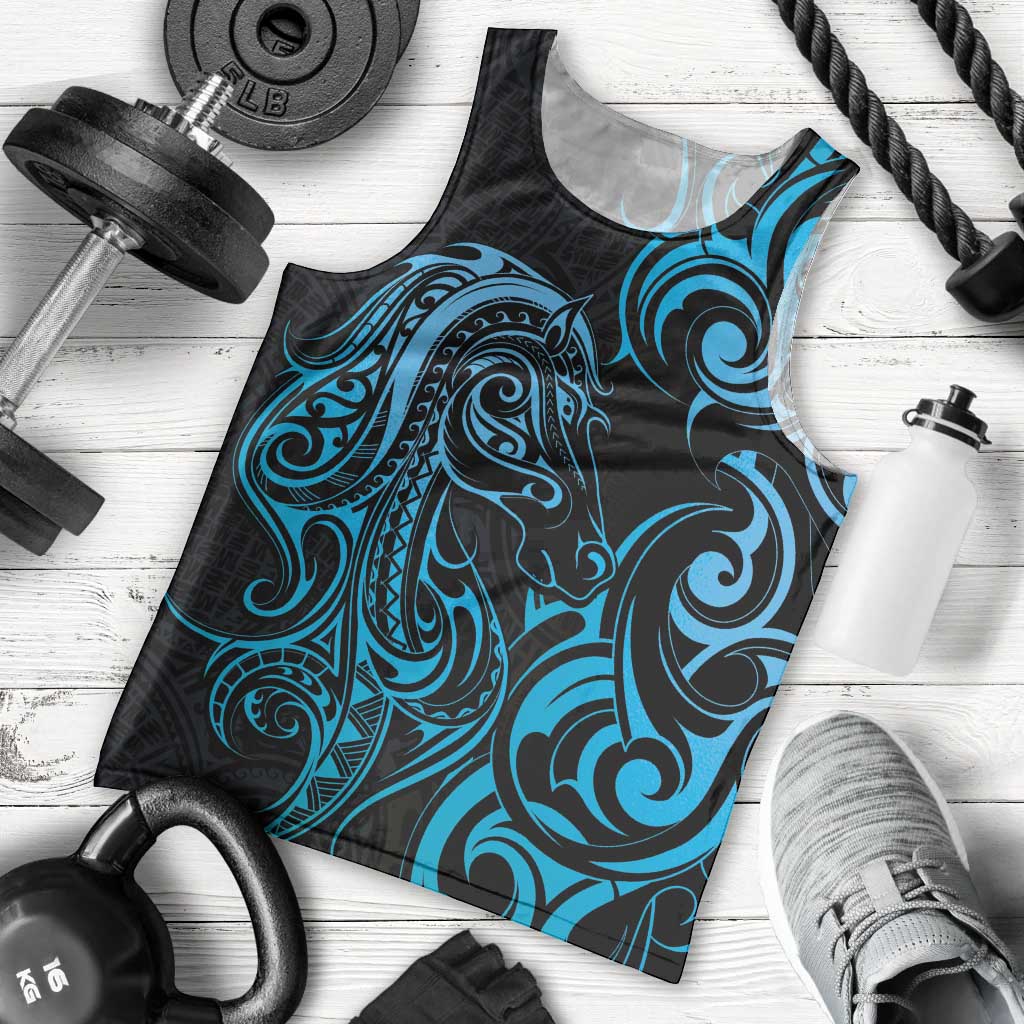 Blue Aotearoa Horse Racing Men Tank Top NZ Maori Pattern LT14 - Polynesian Pride