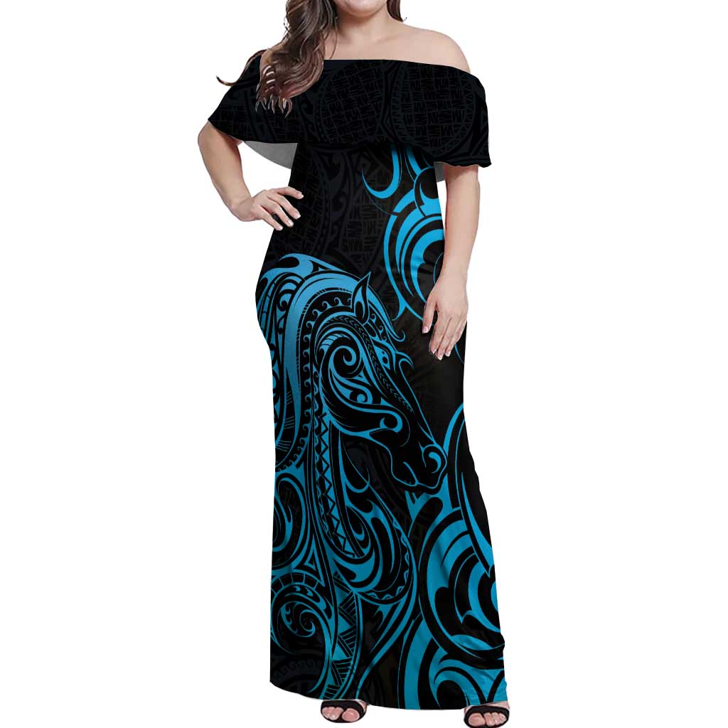 Blue Aotearoa Horse Racing Off Shoulder Maxi Dress NZ Maori Pattern LT14 Women Blue - Polynesian Pride