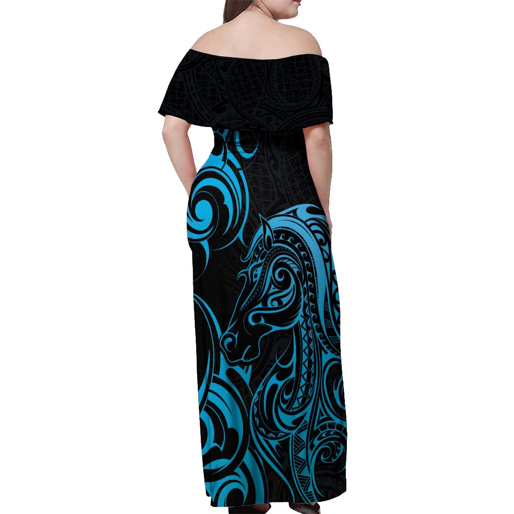 Blue Aotearoa Horse Racing Off Shoulder Maxi Dress NZ Maori Pattern LT14 - Polynesian Pride