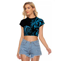 Blue Aotearoa Horse Racing Raglan Cropped T Shirt NZ Maori Pattern LT14 Female Blue - Polynesian Pride