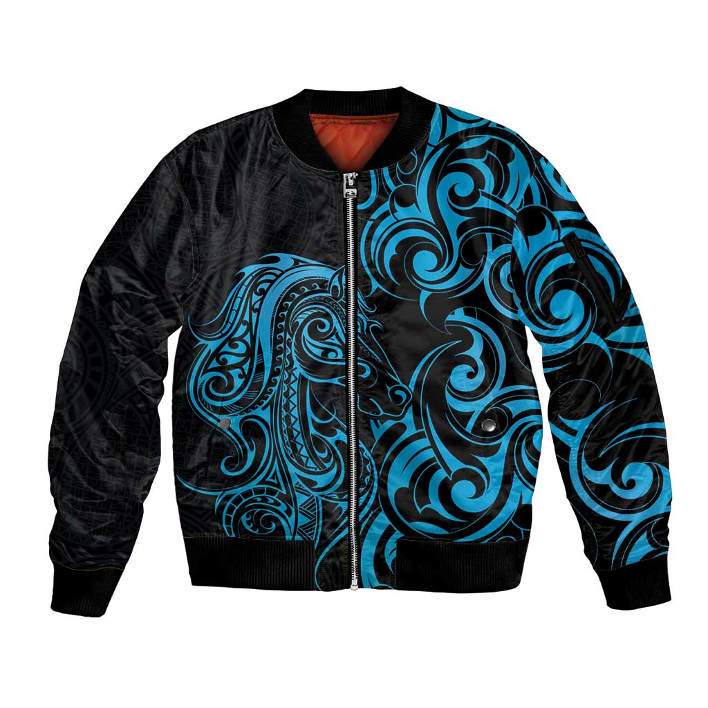 Blue Aotearoa Horse Racing Sleeve Zip Bomber Jacket NZ Maori Pattern LT14 Unisex Blue - Polynesian Pride