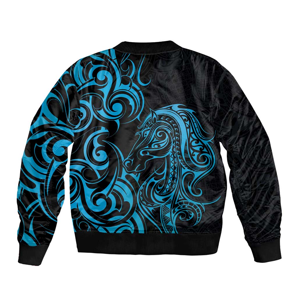 Blue Aotearoa Horse Racing Sleeve Zip Bomber Jacket NZ Maori Pattern LT14 - Polynesian Pride