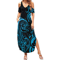 Blue Aotearoa Horse Racing Summer Maxi Dress NZ Maori Pattern LT14 Women Blue - Polynesian Pride