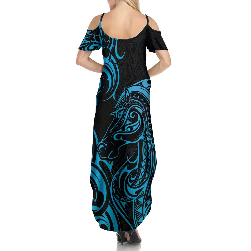 Blue Aotearoa Horse Racing Summer Maxi Dress NZ Maori Pattern LT14 - Polynesian Pride