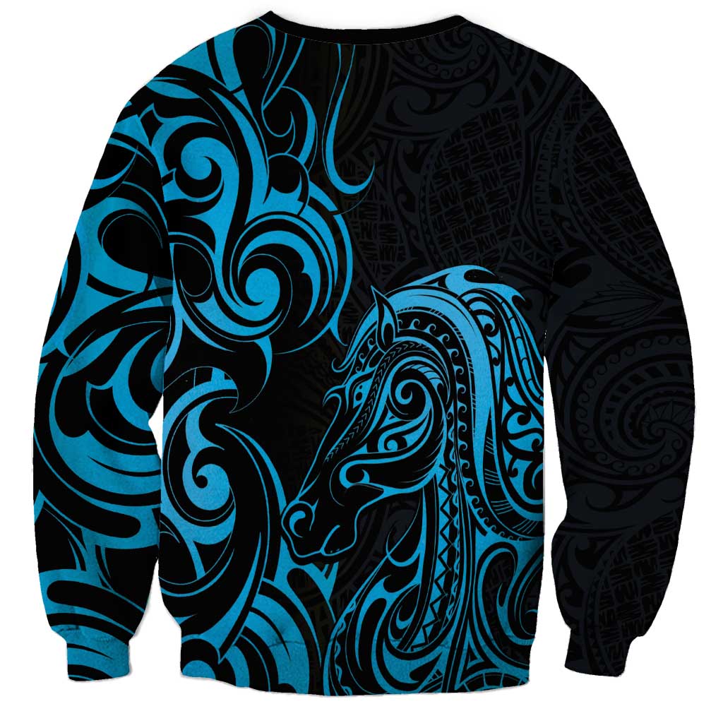 Blue Aoteara Horse Racing Sweatshirt NZ Maori Pattern