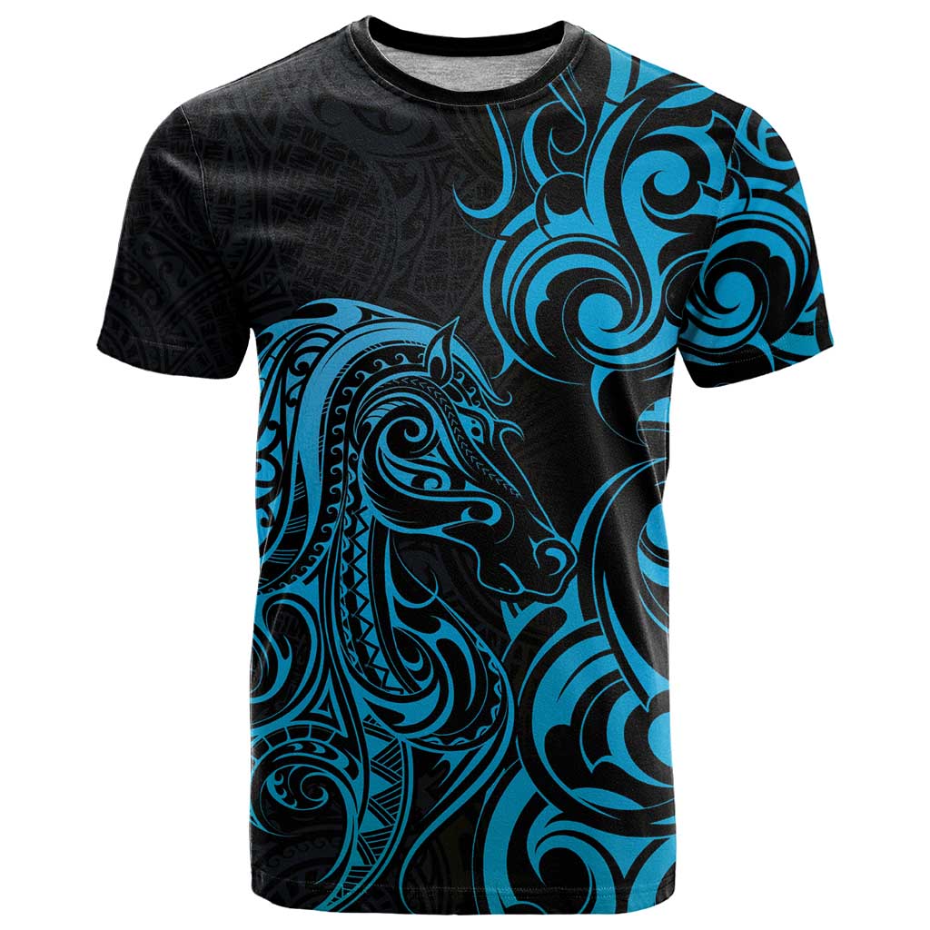 Blue Aotearoa Horse Racing T Shirt NZ Maori Pattern LT14 Blue - Polynesian Pride