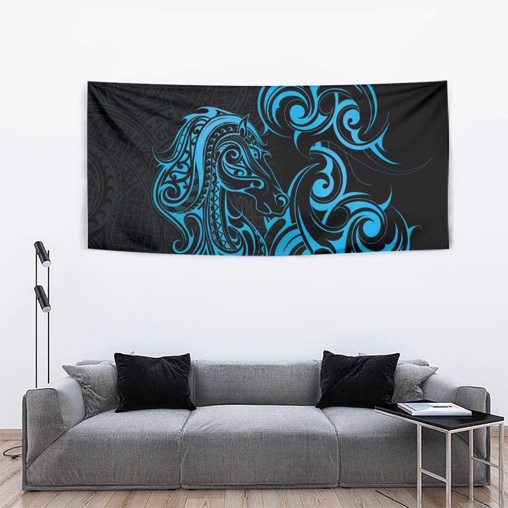 Blue Aoteara Horse Racing Tapestry NZ Maori Pattern