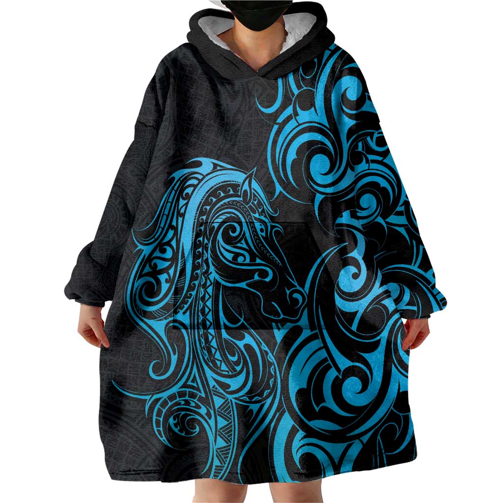 Blue Aotearoa Horse Racing Wearable Blanket Hoodie NZ Maori Pattern LT14 - Polynesian Pride